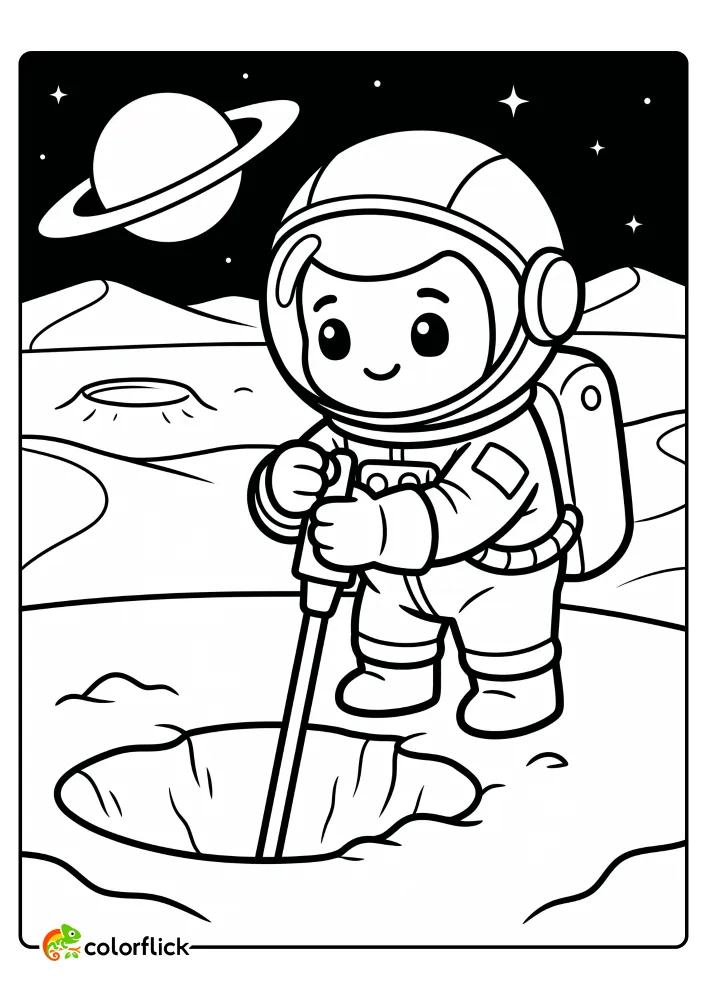 A cute astronaut using a long probe tool to check a sandy crater on a planet surface in this printable coloring page for kids.