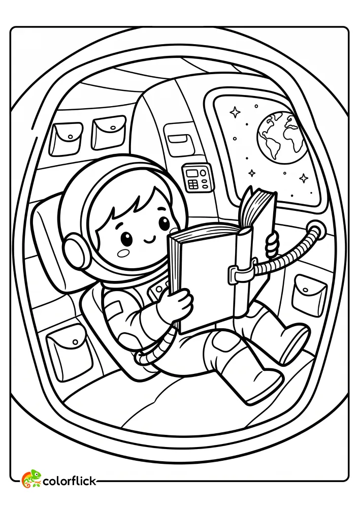 A free printable coloring sheet for kids showing a cute astronaut floating in a sleeping pod while reading a book held by a metal clip.