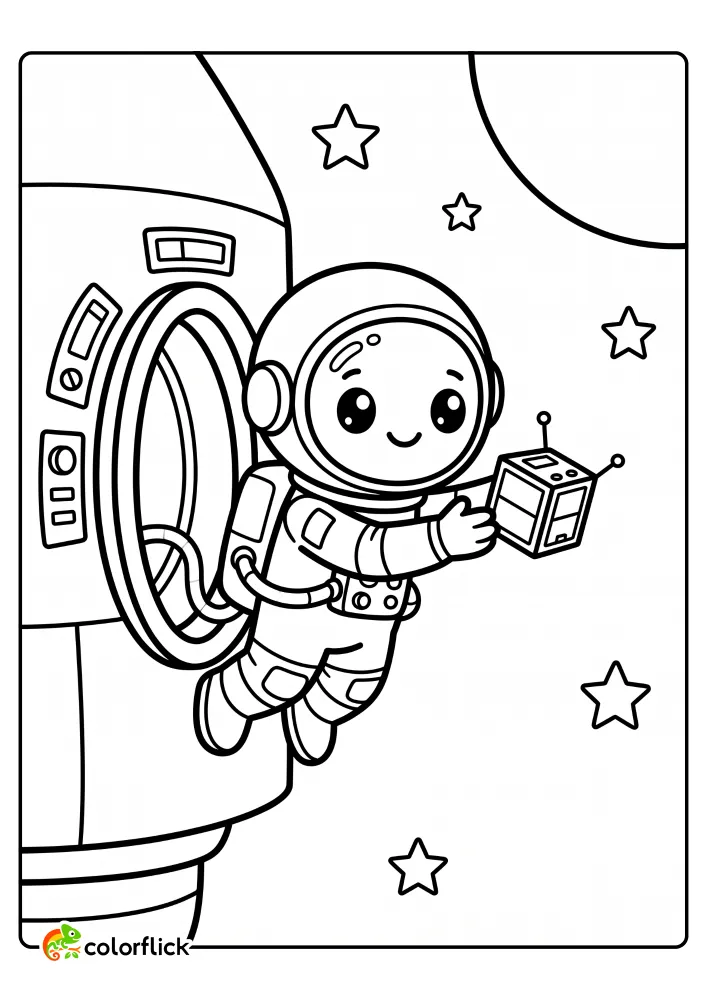 A free printable coloring sheet featuring a cute chibi astronaut floating in space and releasing a tiny cube-shaped satellite from a spaceship airlock.