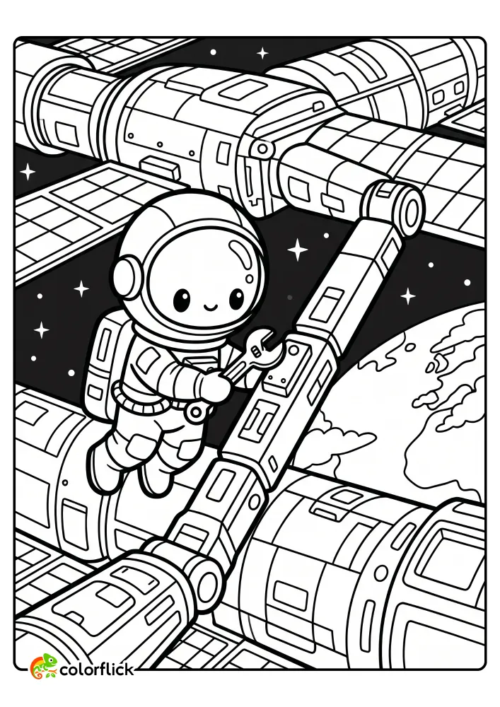 A cute astronaut floating in space using a wrench to repair a large space station with Earth visible in the background, providing a printable coloring page for kids.