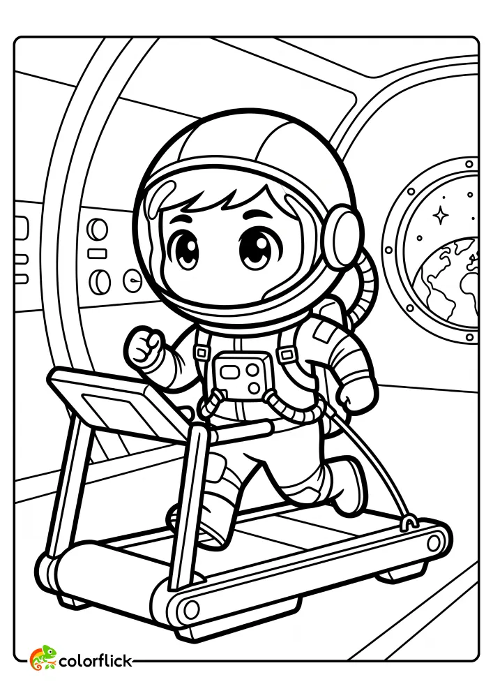 An astronaut exercising by running on a space treadmill with bungee cords inside a spaceship in this free printable coloring sheet.