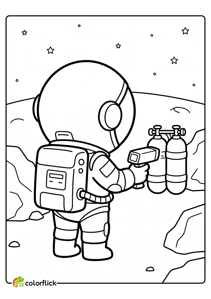 An astronaut using a handheld scanner to check oxygen tanks on the moon surface in this free printable coloring sheet for kids.