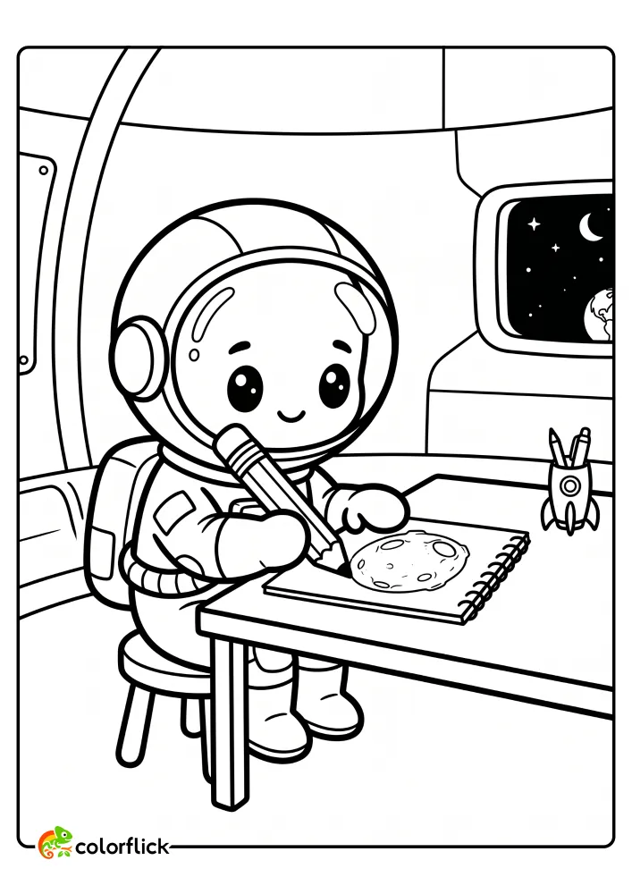 A cute astronaut sitting at a desk and sketching a moon crater on a notepad inside a spaceship in this printable coloring page for kids.
