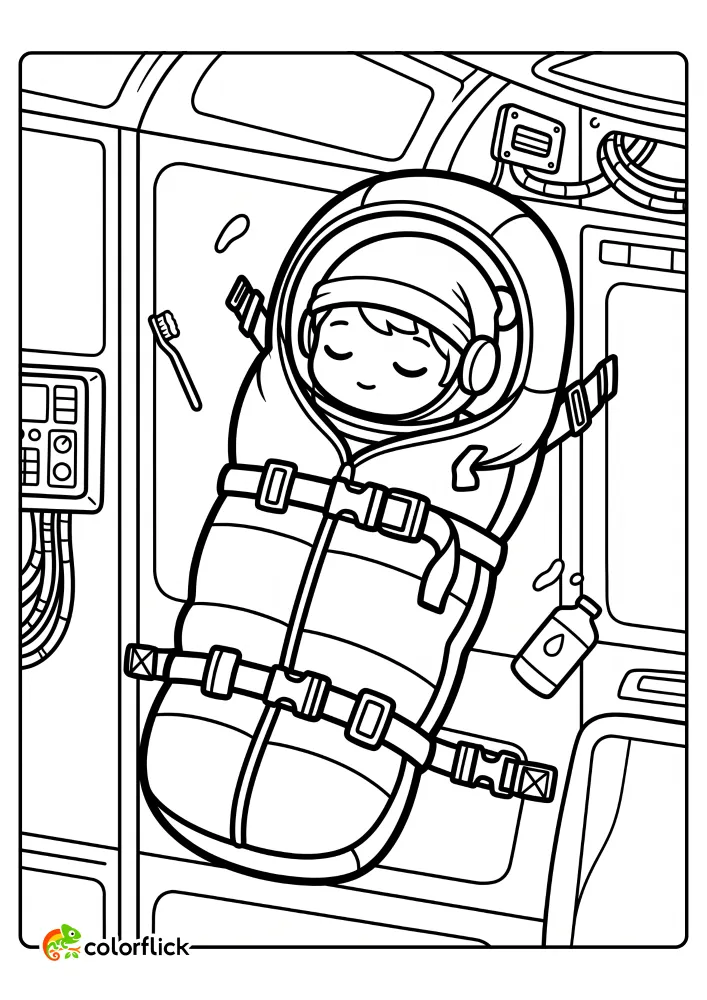 An astronaut sleeping inside a vertical sleeping bag strapped to a space station wall with floating objects in this free printable coloring sheet.