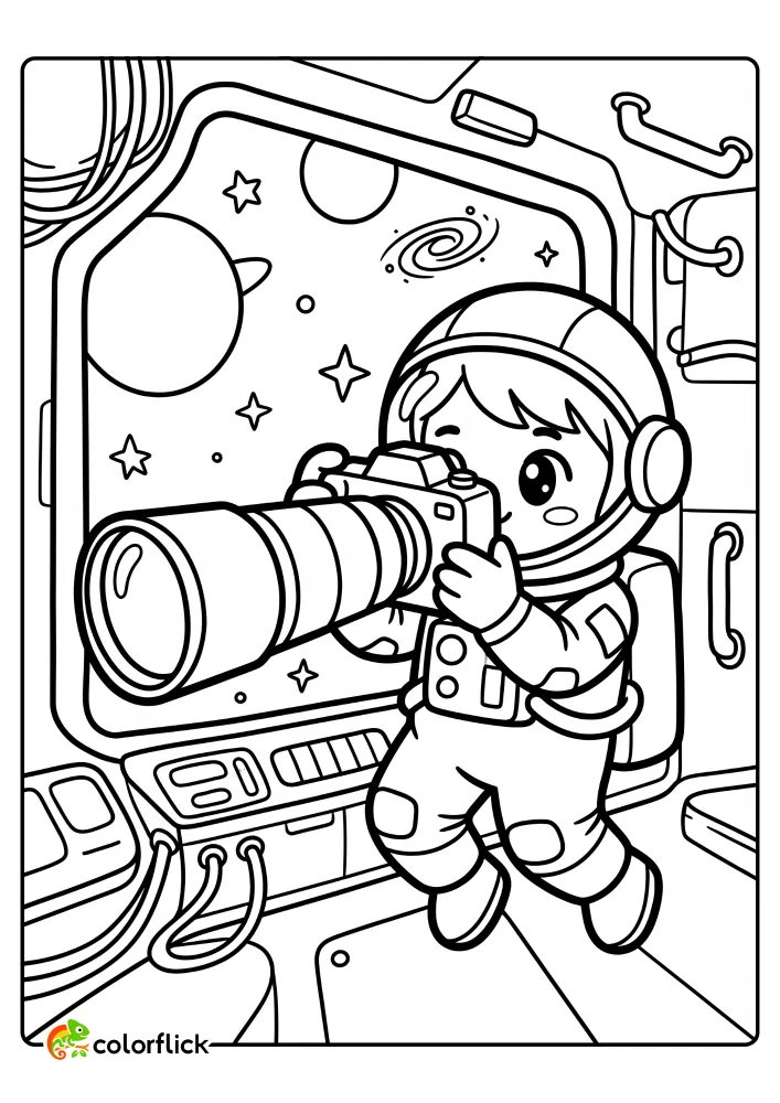 An astronaut holding a camera with a large lens taking pictures of stars and planets out of a space station window in this free printable coloring sheet.