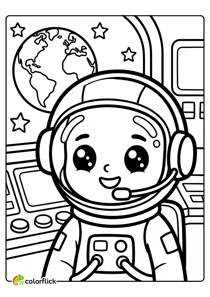 A cute astronaut wearing a headset and talking into a microphone from a spaceship with Earth in the window in this free printable coloring sheet.