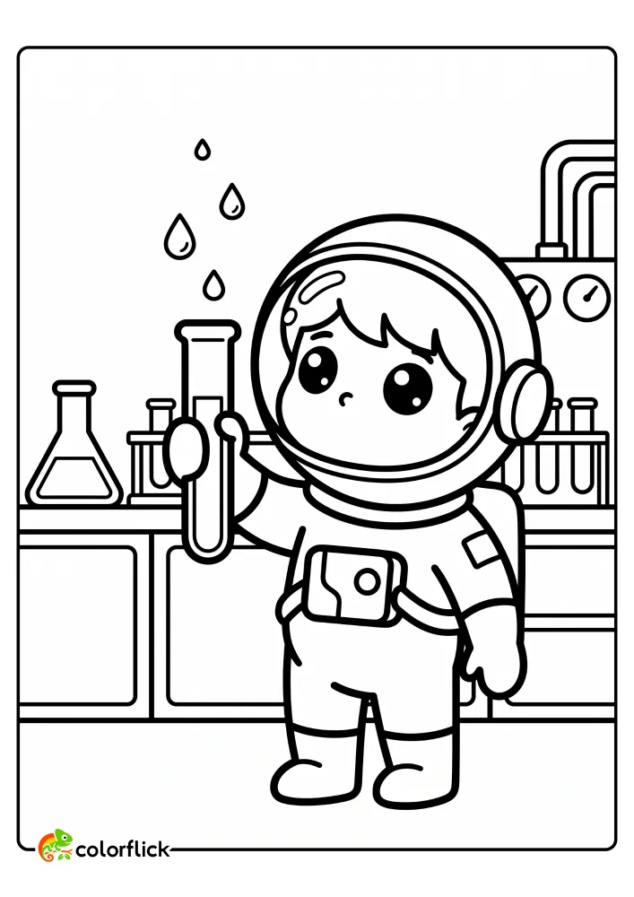 A cute astronaut holding a test tube with floating water droplets in a science laboratory, a printable coloring page for kids to enjoy. (free printable coloring sheet for toddlers)
