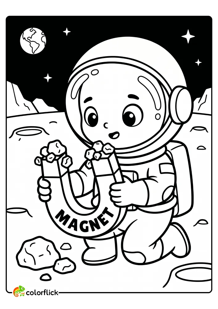 A keyword-rich free printable coloring sheet for kids featuring a cute astronaut on the moon using a large horseshoe magnet to attract small space rocks.