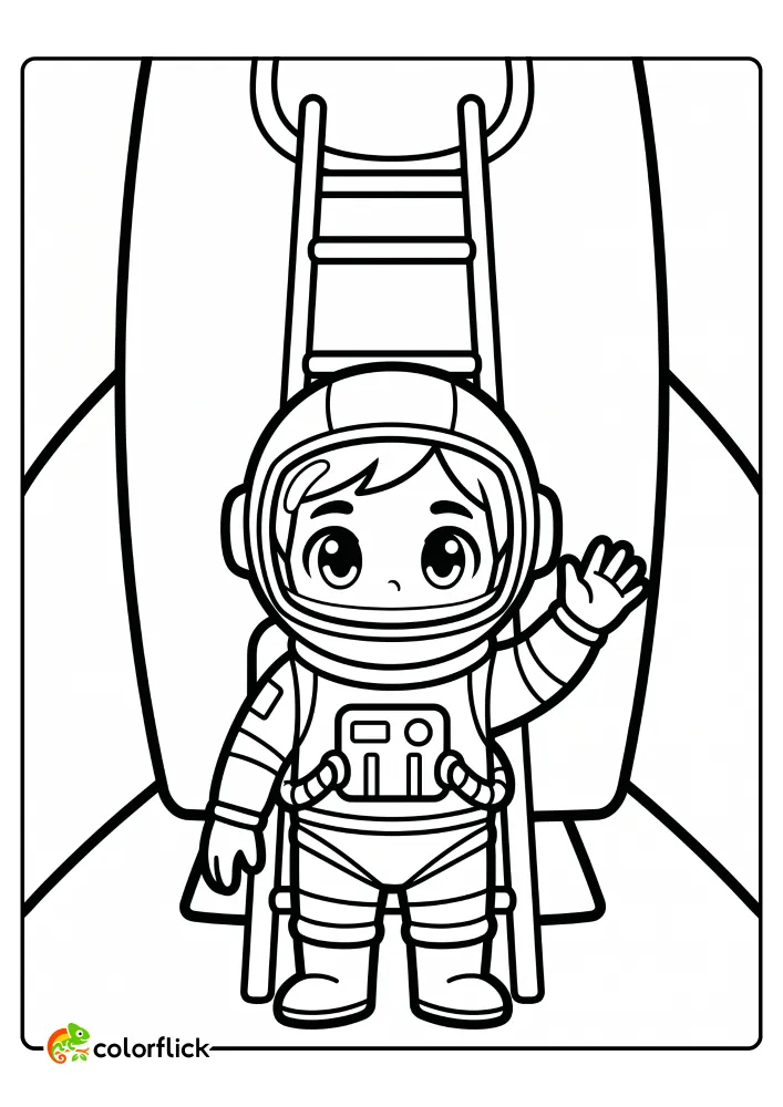 A friendly astronaut in a space suit waving hello at the bottom of a tall rocket ladder in this free printable coloring sheet.