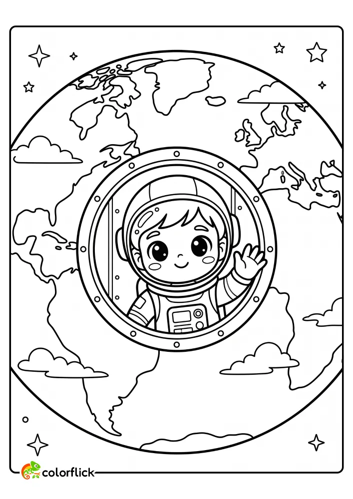 A free printable coloring sheet featuring a cute Chibi astronaut waving hello from a circular porthole window with planet Earth in the background.