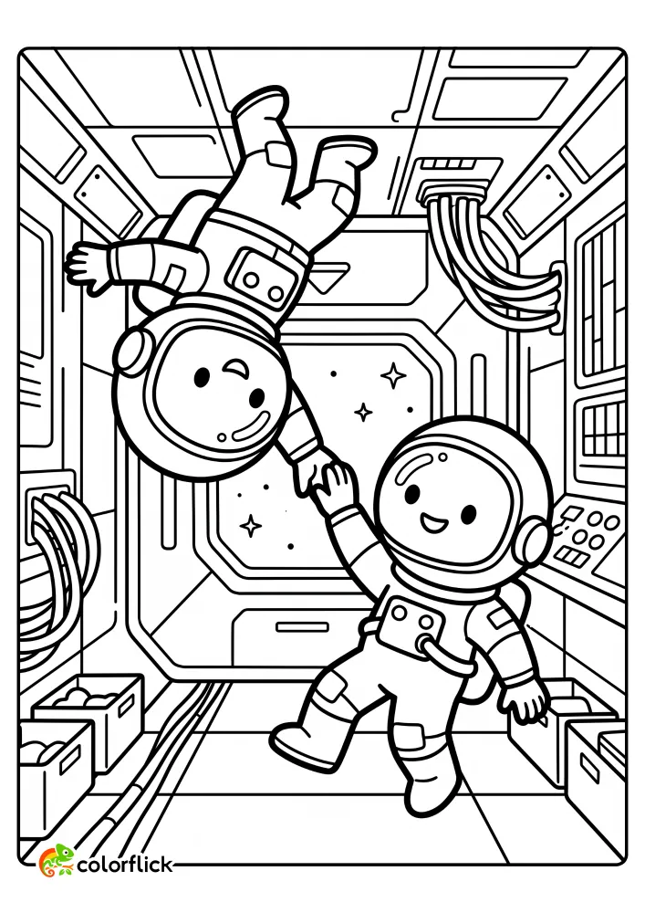 Two cute astronauts floating inside a space station module, one upside down and one right-side up, holding hands in zero gravity in this free printable coloring sheet for kids.