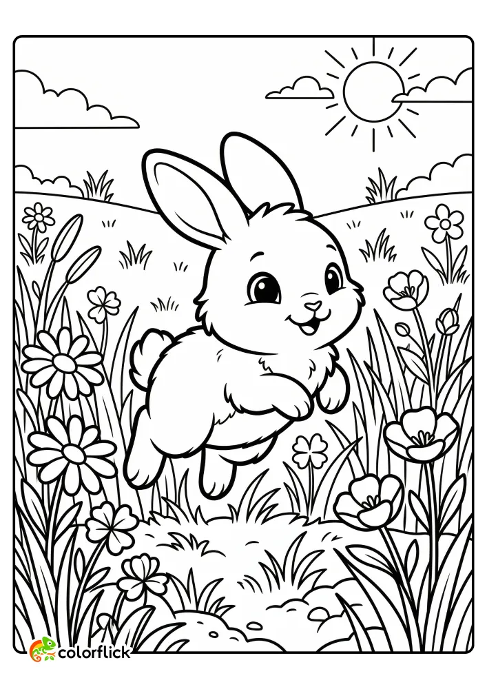 Cute baby bunny happily hopping through a field of wildflowers in a sunny meadow printable coloring page for kids.