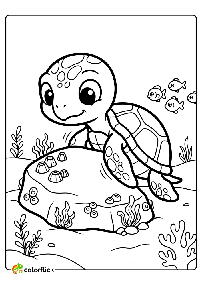 A printable coloring page for kids showing a cute baby sea turtle using a barnacle-covered rock to scratch its shell, with tiny fish watching on the seabed.