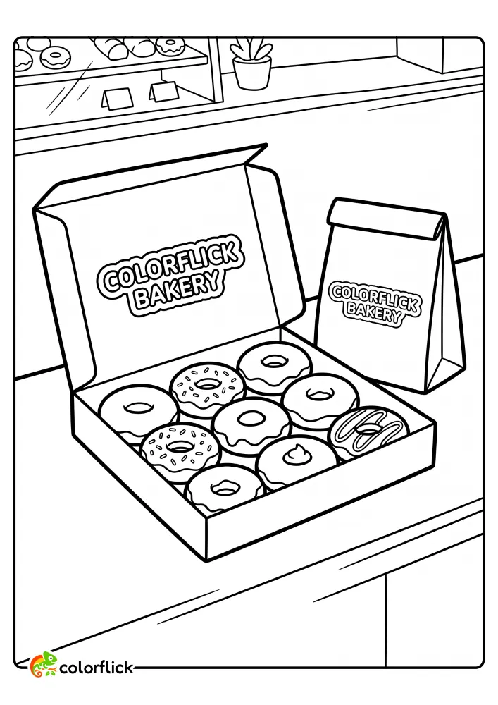 A cute bakery donuts box and delivery bag printable coloring page for kids, showing nine different decorated donuts including glazed, chocolate, and sprinkled varieties on a clean counter.