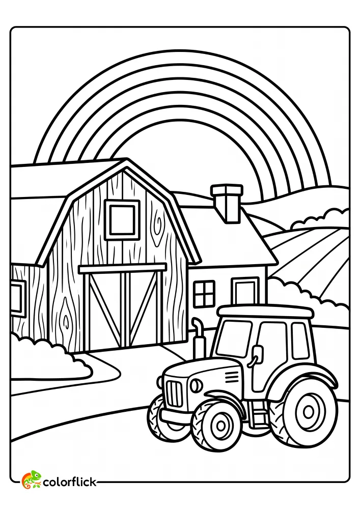 Black and white line art drawing of a rustic farm scene featuring a large wooden barn, a farmhouse, a parked tractor, and a rainbow arching overhead, designed as a free printable coloring sheet.