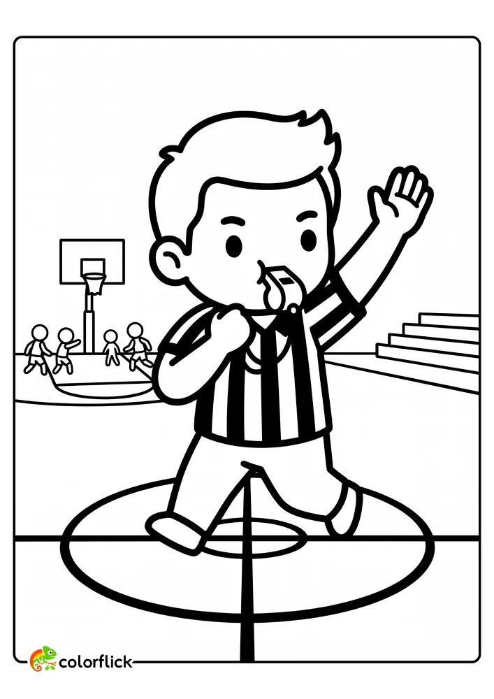 Cute basketball referee boy signaling a foul with a whistle. A great printable coloring page for kids to learn about sports rules.