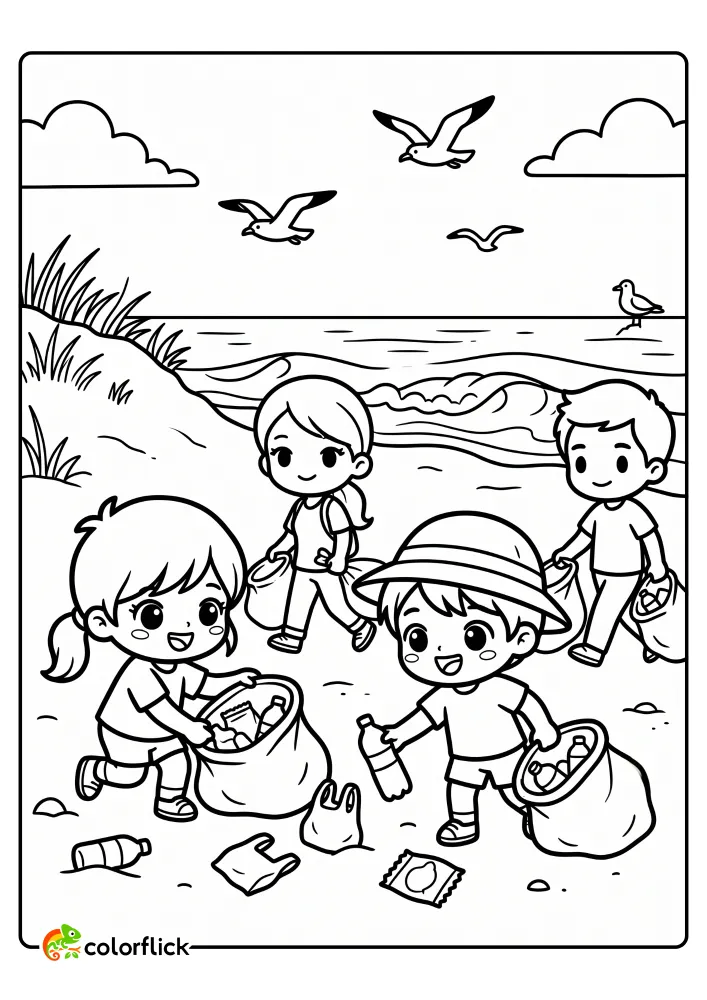 A printable coloring page for kids showing a group of four children and three adults participating in a beach cleanup, picking up plastic bottles and bags while seagulls fly overhead.