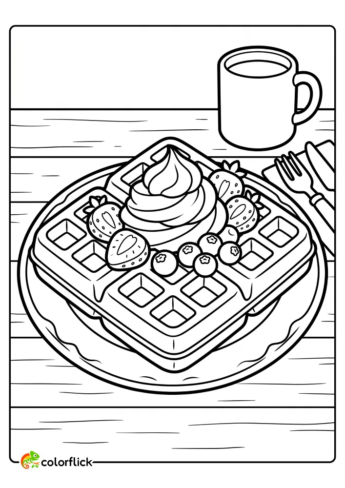 A printable coloring page for kids featuring a square Belgian waffle with deep pockets, topped with whipped cream, strawberries, and blueberries on a plate, next to a coffee mug and cutlery on a wooden table.