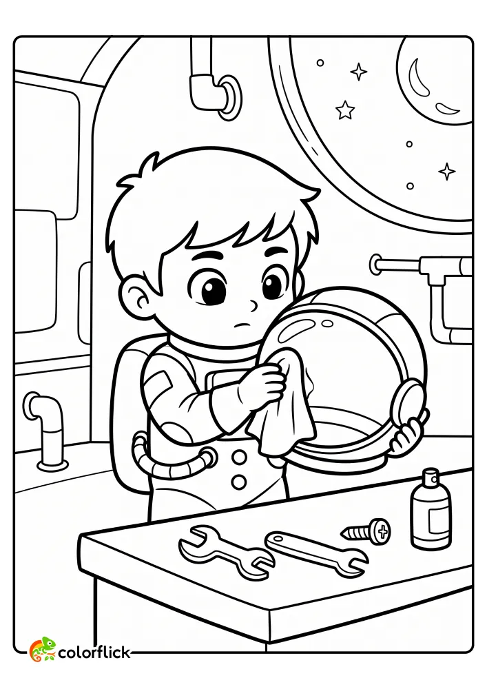 A printable coloring page for kids showing a cute boy astronaut with a large head cleaning his helmet visor with a soft cloth at a workbench.