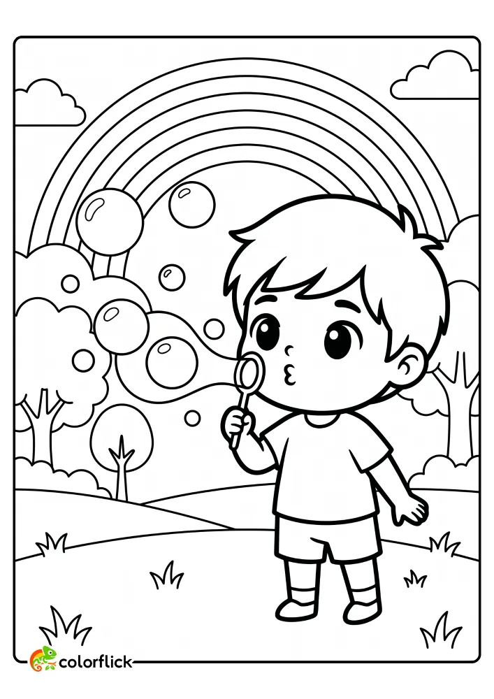 A young boy blowing soap bubbles in a park with a large rainbow in the background in this free printable coloring sheet for kids.
