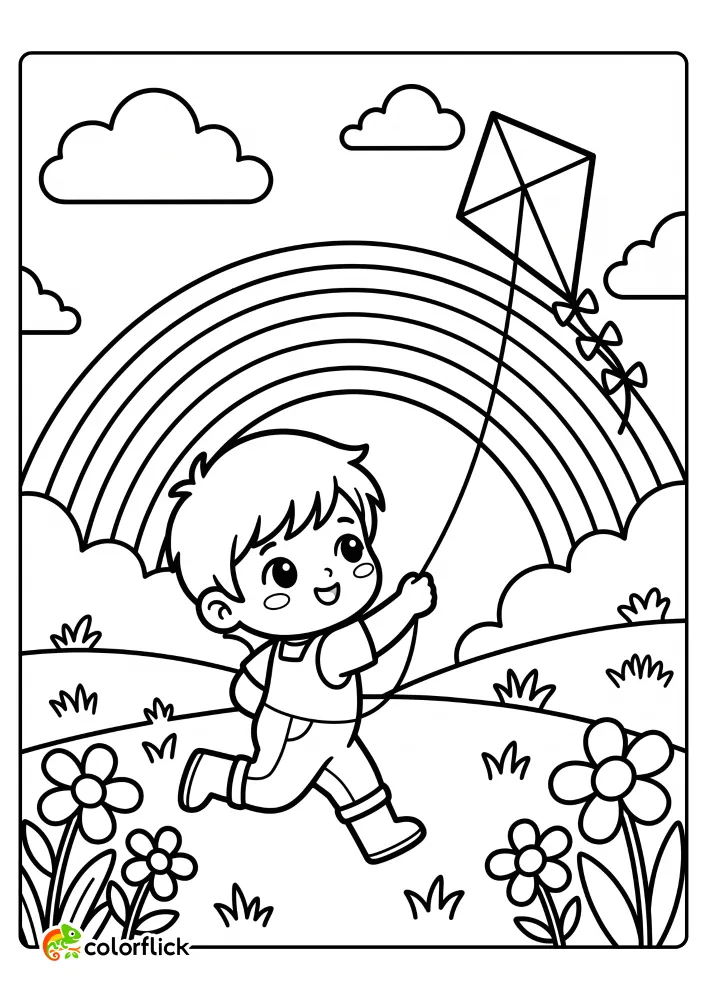 A happy little boy running through a grassy field with flowers while flying a kite under a large rainbow in this free printable coloring sheet.