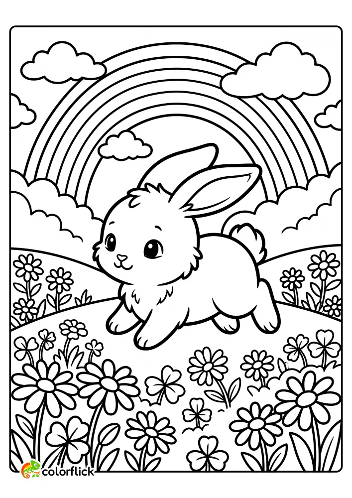 A cute fluffy bunny hopping through a meadow of daisies and clovers under a bright rainbow in this printable coloring page for kids.