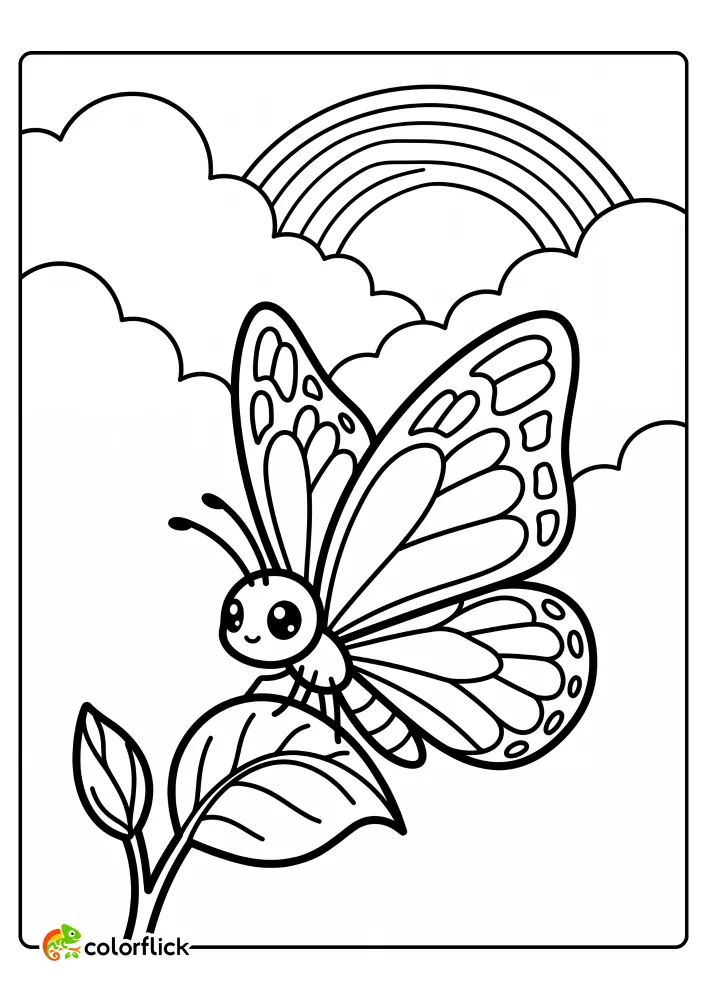 A friendly cartoon butterfly with pattern details rests on a leaf with a bud, set beneath a rainbow and clouds in this free printable coloring sheet for kids.