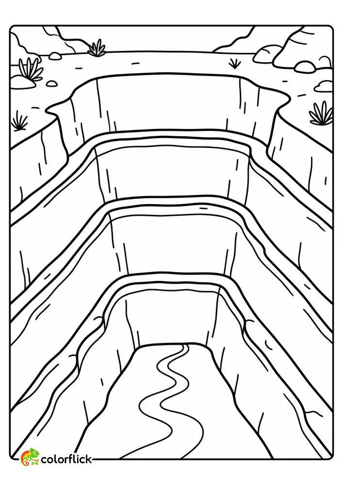 A printable coloring page for kids showing a view down into a wide canyon with five distinct rock layers and a thin winding river at the bottom, surrounded by desert plants.