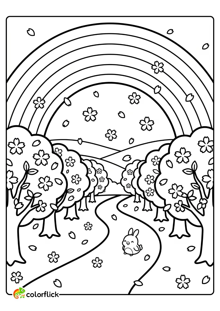 A wide rainbow arches over a winding path lined with cherry blossom trees and falling petals in this free printable coloring sheet featuring a tiny cute animal on the trail.