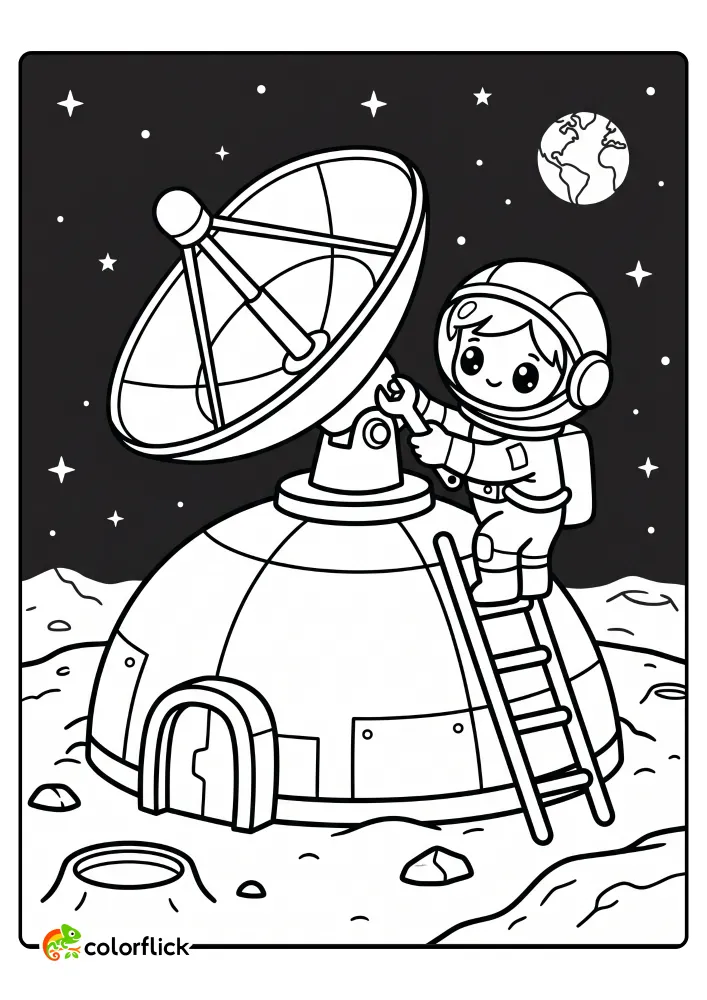 A printable coloring page for kids featuring a cute Chibi astronaut standing on a ladder and fixing a large satellite dish on a moon base dome in space.