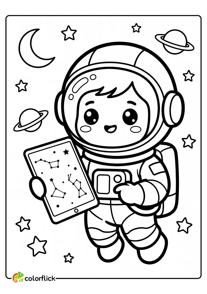 A cute chibi astronaut floating in space and holding a tablet with a constellation map in this printable coloring page for kids.