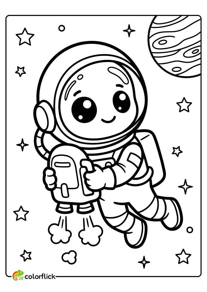 A cute chibi astronaut floating in space using a handheld jetpack with small puffs of gas, stars, and a distant planet, printable coloring page for kids.