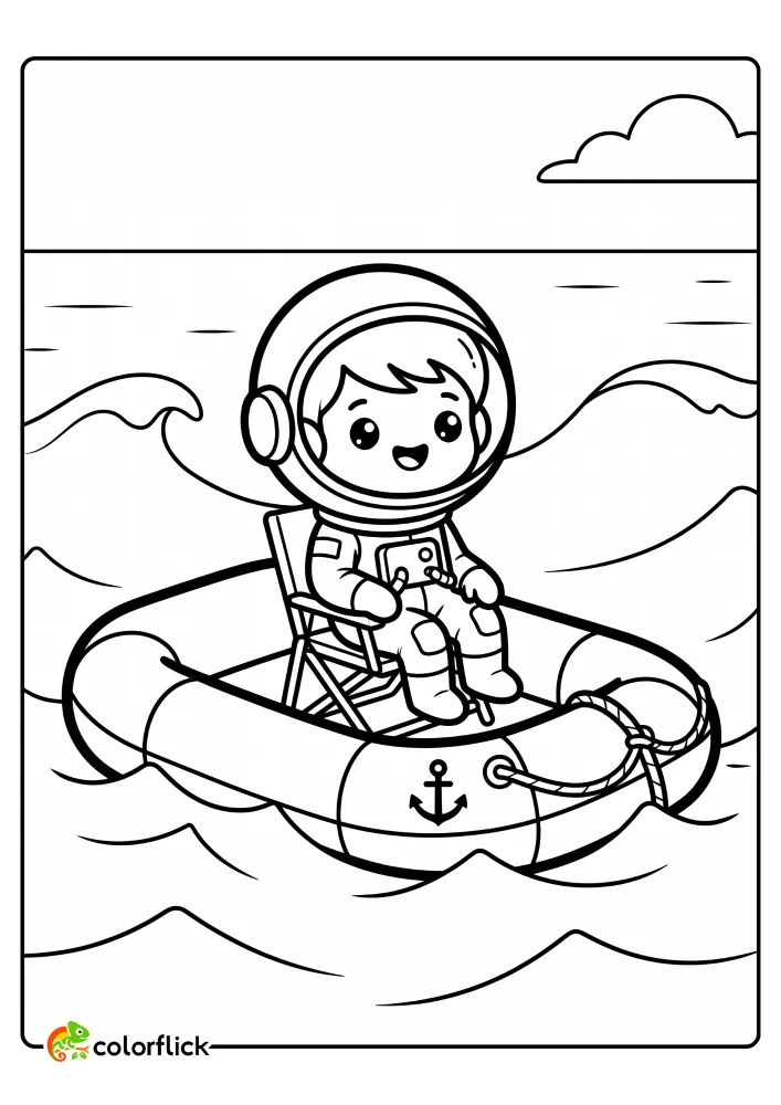 A cute Chibi astronaut with a smiling face sitting in an inflatable rescue raft on the ocean in this free printable coloring sheet for kids.