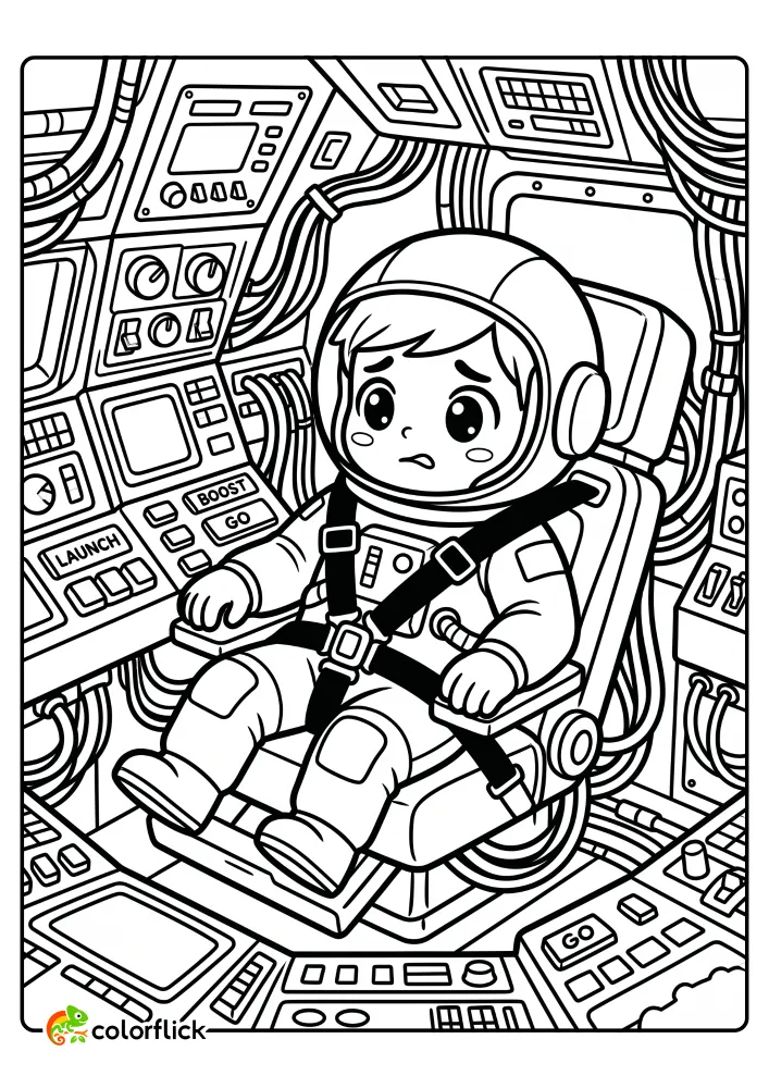 A free printable coloring page for kids of a worried child astronaut strapped into a pilot seat in a busy space shuttle cockpit during launch.