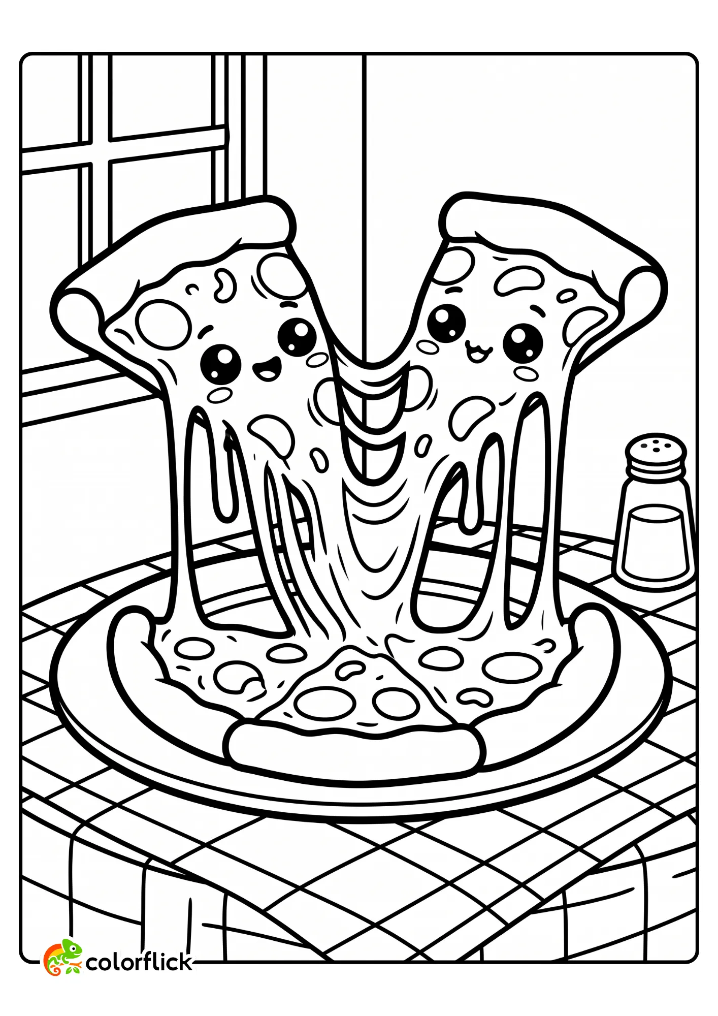 Cute chibi pizza slices with a long cheese stretch printable coloring page for kids