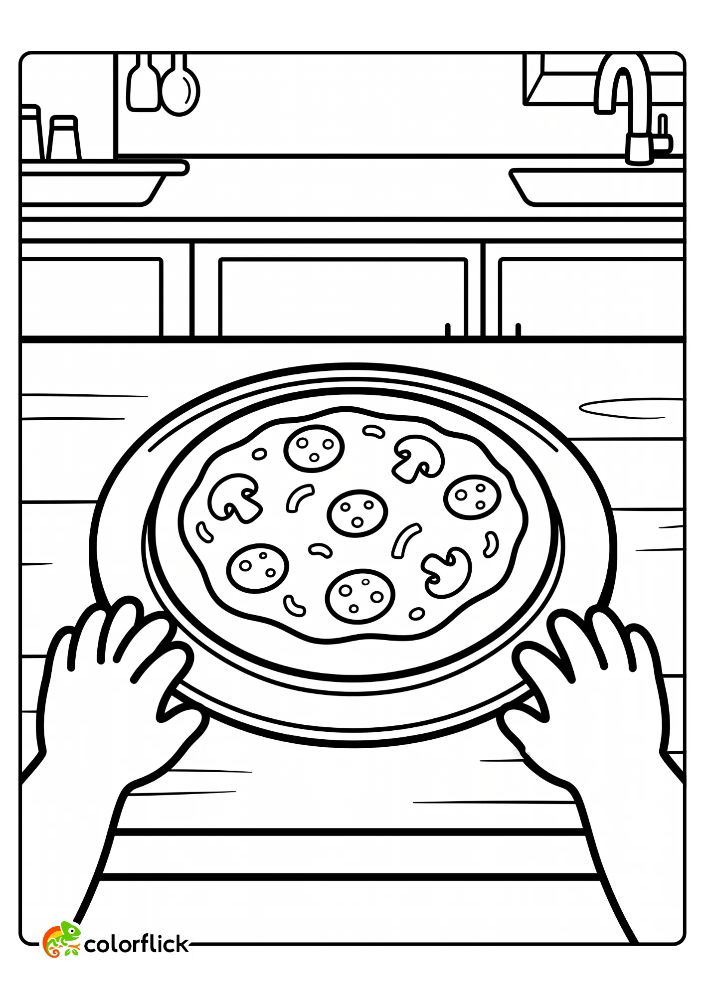Cute child's hands ready to eat a personal pepperoni and mushroom pizza on a plate in a kitchen, a printable coloring page for kids.