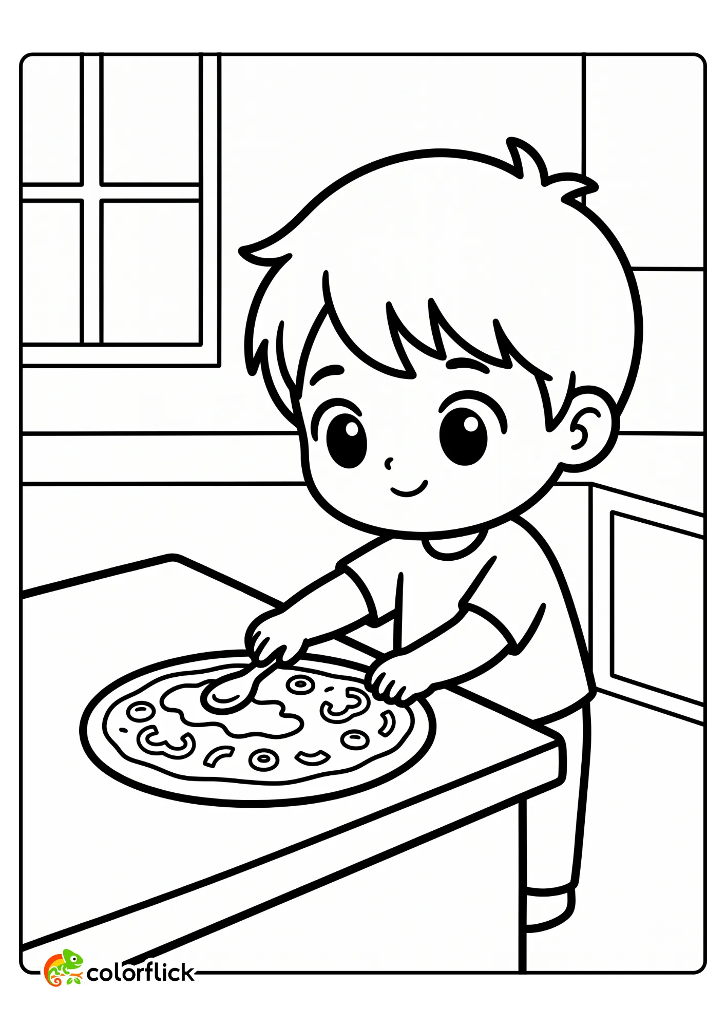 Cute chibi boy spreading sauce and toppings on a pizza in a kitchen, a fun printable coloring page for kids.