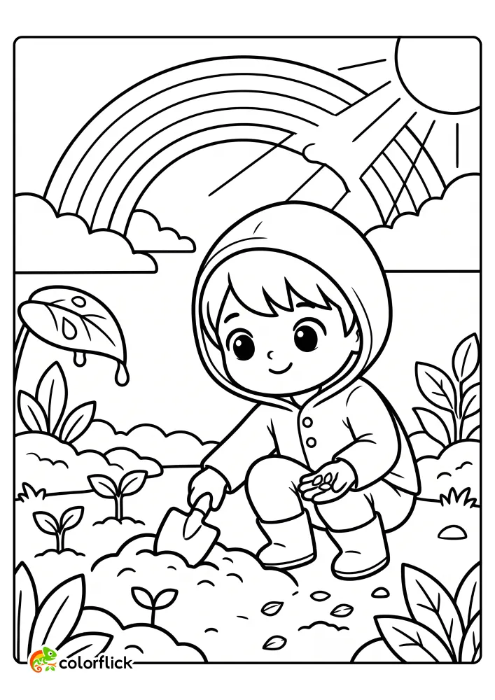 A child in a hooded jacket using a small trowel to plant seeds in a spring garden beneath a bright sun and a beautiful rainbow in this free printable coloring sheet.