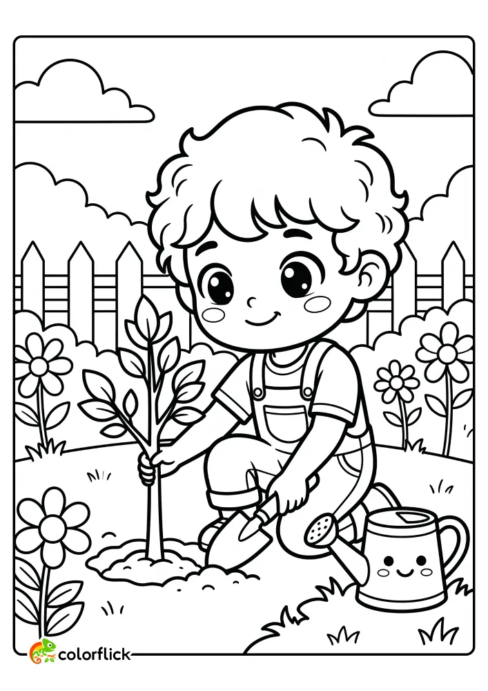 A happy curly-haired child in overalls is kneeling in a garden, holding a small shovel to plant a tree sapling, with a cute watering can nearby, for a free printable coloring sheet for kids.