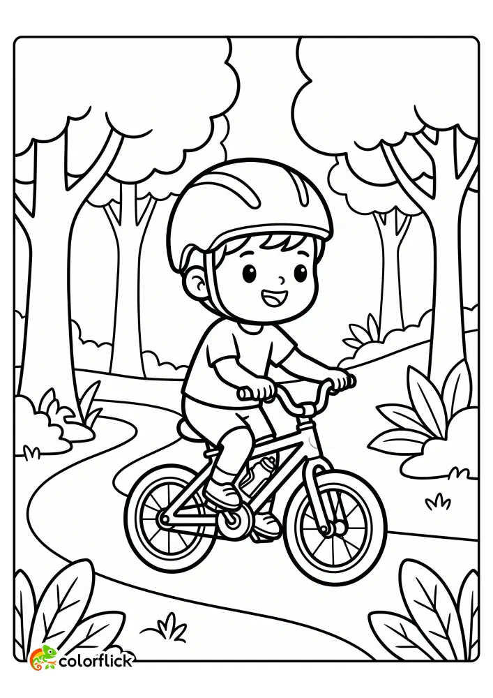 A happy child in a helmet rides a bicycle along a winding path in the forest in this printable coloring page for kids.