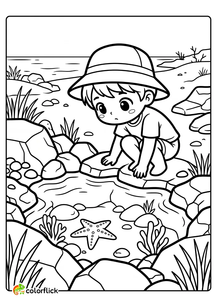 Cute child in sun hat looking at a starfish in a tide pool printable coloring page for kids.