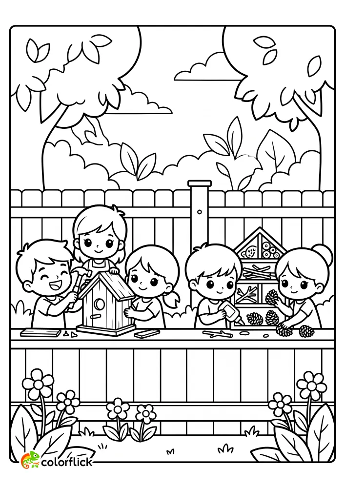Children in a garden building a wooden birdhouse and creating an insect hotel with twigs and pine cones on a fence, a fun printable coloring page for kids.