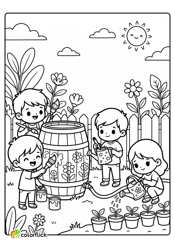 A group of young children painting a daisy design on a wooden rain barrel and decorating a watering can with markers to water seedlings in a garden, a printable coloring page for kids.