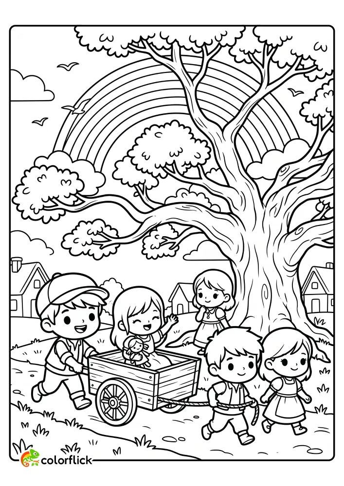 A free printable coloring sheet featuring a group of happy children playing with a wooden cart near a large oak tree in a cozy village with a rainbow in the sky.