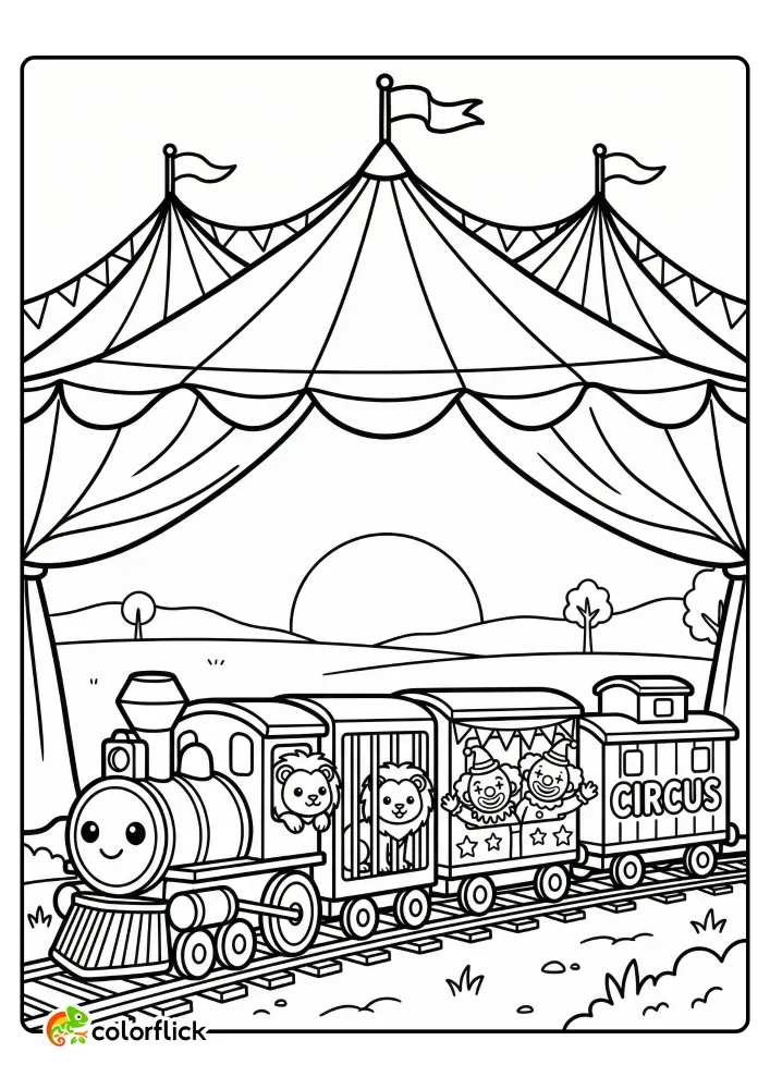 A cute steam train pulls circus animal and clown cars under a big top tent with a setting sun, making a perfect printable coloring page for kids.