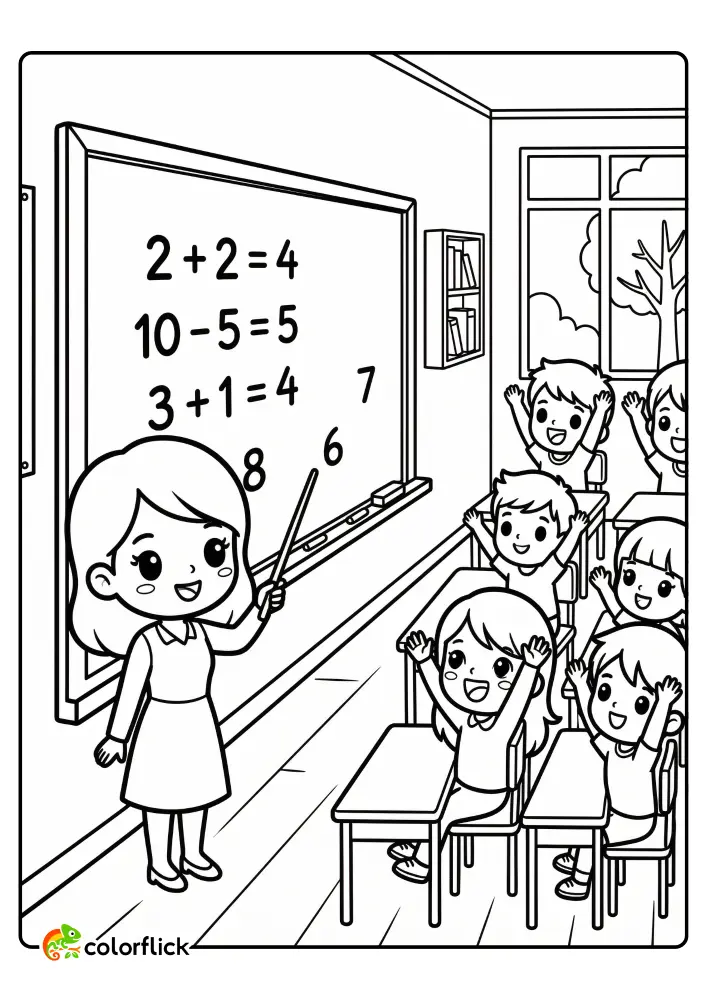 Cute teacher pointing to math equations on a chalkboard in a classroom with smiling students raising their hands, a printable coloring page for kids.