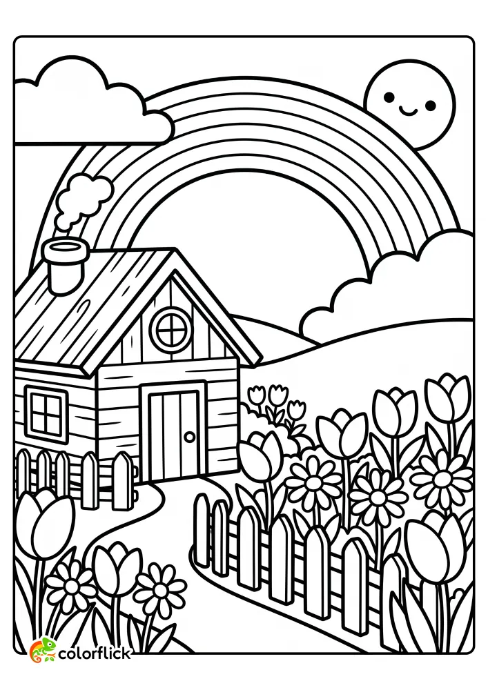 Black and white line art drawing of a cozy wooden cottage surrounded by a picket fence, a spring garden full of tulips and daisies, and a rainbow with a smiling sun, designed as a free printable coloring sheet.