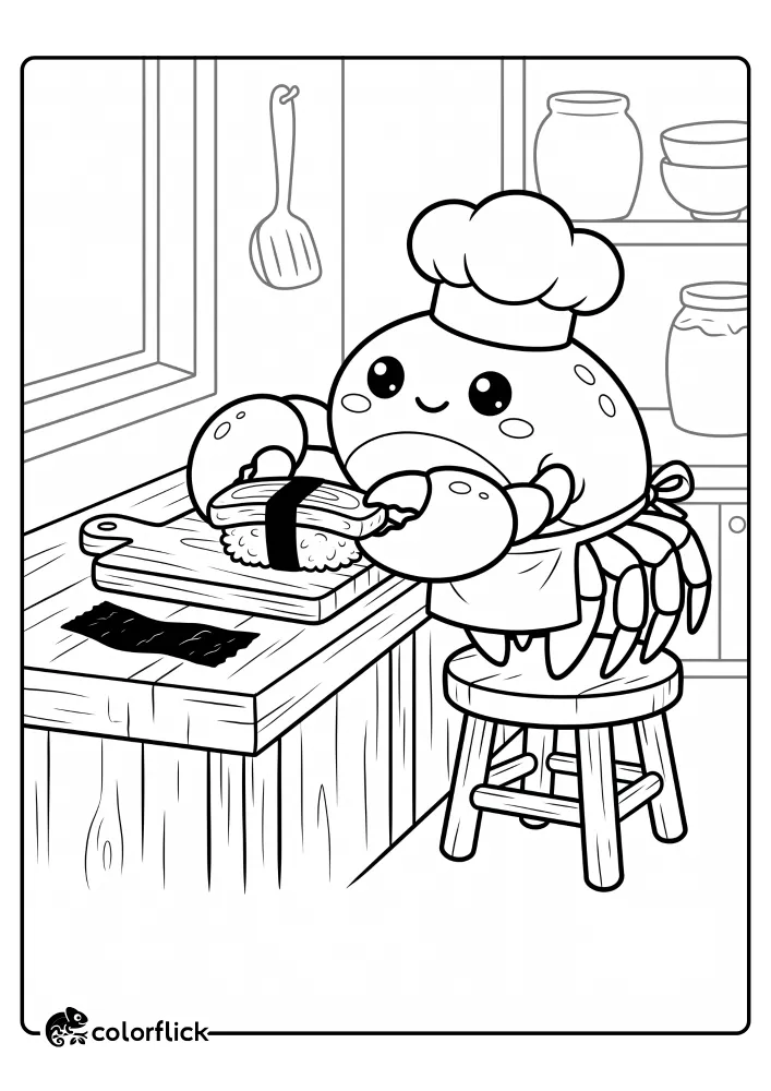 A cute crab chef standing on a stool makes egg sushi (tamagoyaki) on a kitchen counter, holding an omelet with its pincers. This is a printable coloring page for kids.
