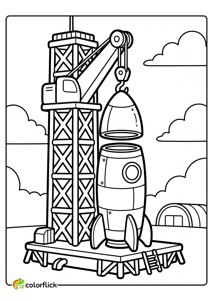 A giant construction crane at a space launch pad lifting a rocket nose cone into place, providing an educational printable coloring page for kids.