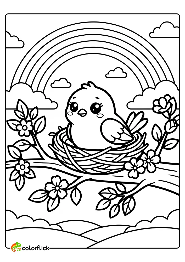 A black and white line art drawing featuring a cute chibi bird sitting in a nest on a flowering tree branch with a rainbow and clouds in the background, perfect as a printable coloring page for kids.
